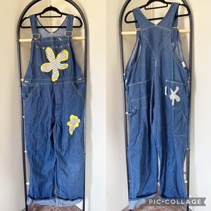 Vintage SEARS full length denim Overalls floral patchwork 38x32